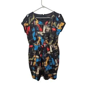 Cynthia Steffe Silk Linen Dress Sz 8 Abstract Print Belted Sheath
